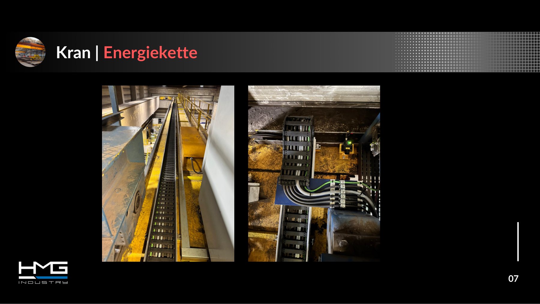 TCS, Folie 7 „Kran | Energiekette“: Energiekette auf der Kranbrücke