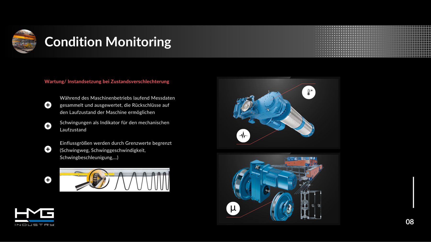 TCS, Folie 8 &bdquo;Condition Monitoring&ldquo;: Schwingung und Temperatur am Hubwerksgetriebe